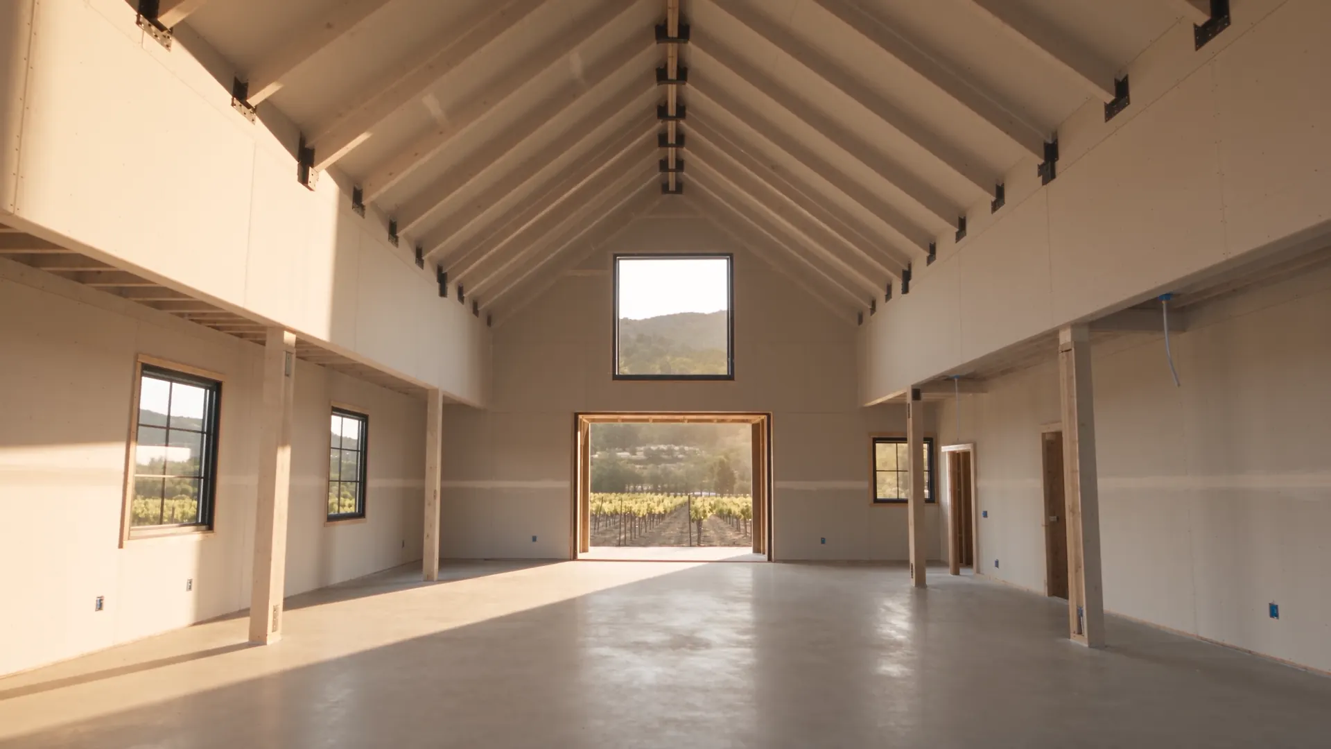 Finished Wine Country barn interior: smooth white drywall and a vaulted ceiling with the vineyard framed in the doorway